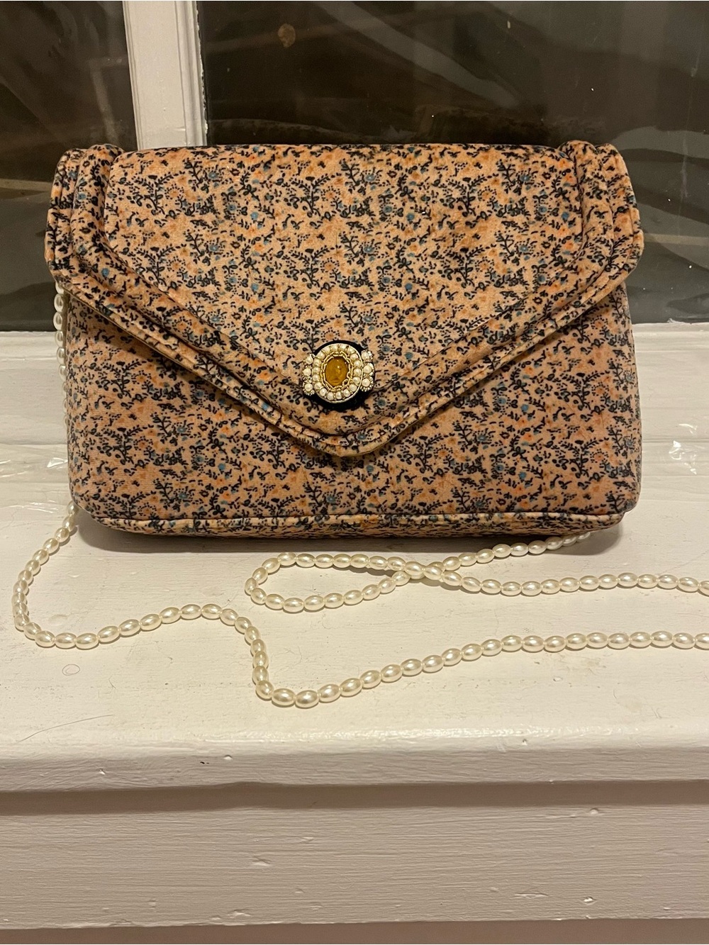 Anthropologie Peach Floral Envelope Crossbody Bag with Faux Pearl Chain